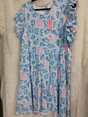 Simply Southern Ruffled Sleeve Tiered Dress Oyster Shell Pattern UPF-50 NWT XL